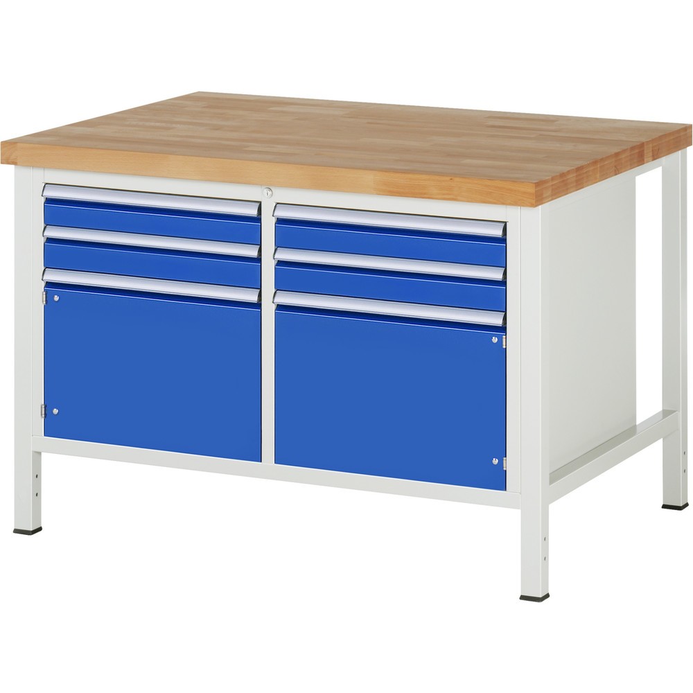 Immagine del prodotto: Banco da lavoro RAU serie 8000, 1 contenitore doppio, 2 ante battenti, AxLxP 840 x 1.250 x 900 mm, 4 cassetti