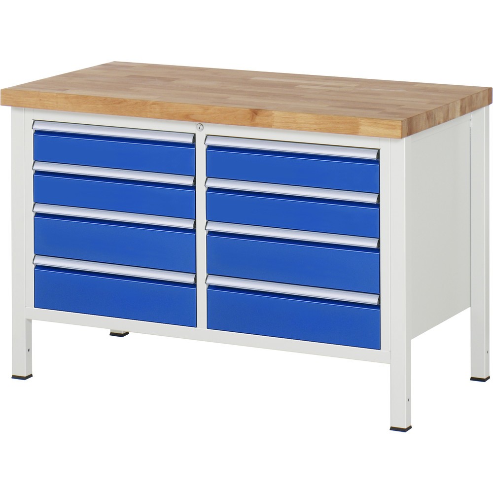 Immagine del prodotto n. 1: Banco da lavoro RAU serie 8000, 1 contenitore doppio, AxLxP 840 x 1.250 x 700 mm, 8 cassetti estraibili al 100% 4 x 120, 4 x 150 mm, portata cassetti 100 kg
