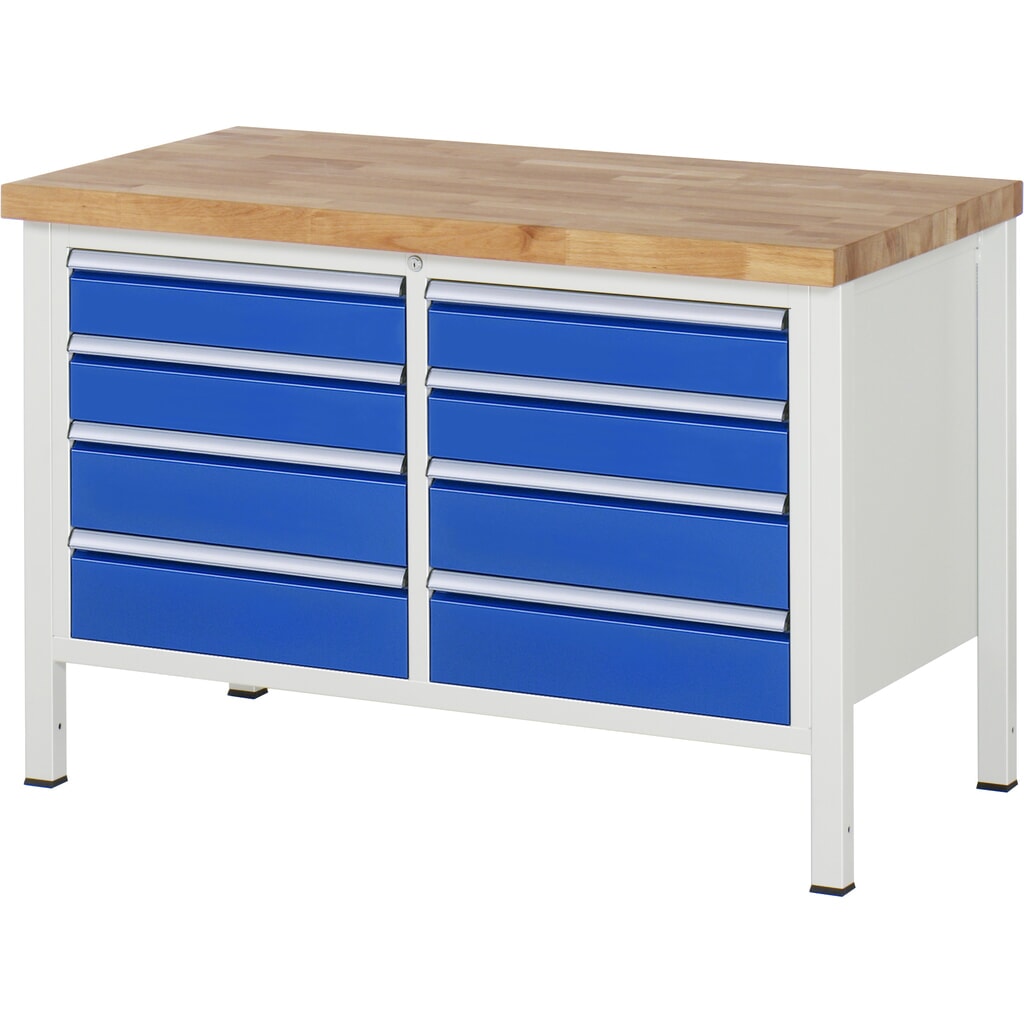 Banco da lavoro RAU serie 8000, 1 contenitore doppio, AxLxP 840 x 1.250 x 700 mm, 8 cassetti estraibili al 90% 4 x 120, 4 x 150 mm, portata cassetti 100 kg Immagine del prodotto: Banco da lavoro RAU serie 8000, 1 contenitore doppio, AxLxP 840 x 1.250 x 700 mm, 8 cassetti estraibili al 90% 4 x 120, 4 x 150 mm, portata cassetti 100 kg