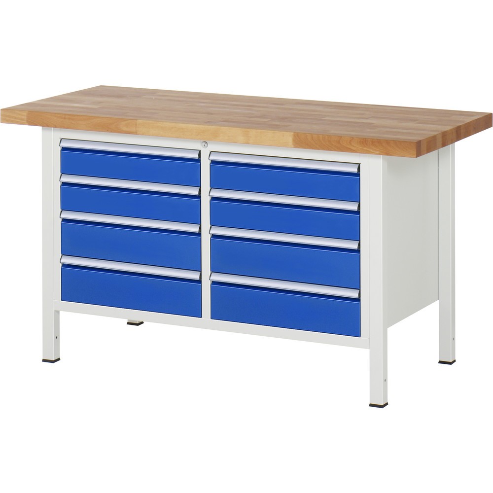 Immagine del prodotto: RAU Banco da lavoro Serie 8000, HxLxP 840-1.040 x 1.500 x 700 mm, 1 contenitore doppio nella base, ciascuno con 8 cassetti