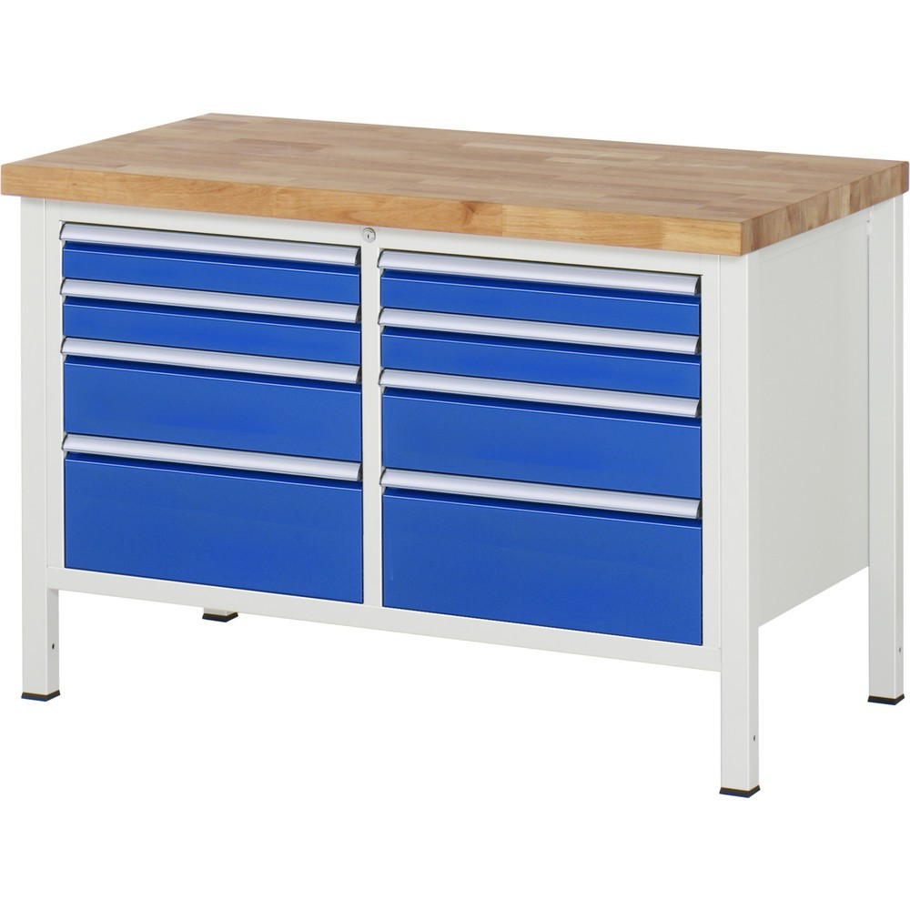 Immagine del prodotto: Banco da lavoro RAU serie 8000, 1 contenitore doppio, AxLxP 840 x 1.250 x 700 mm, 8 cassetti estraibili al 90% 4 x 90, 2 x 150, 2 x 210 mm, portata cassetti 100 kg