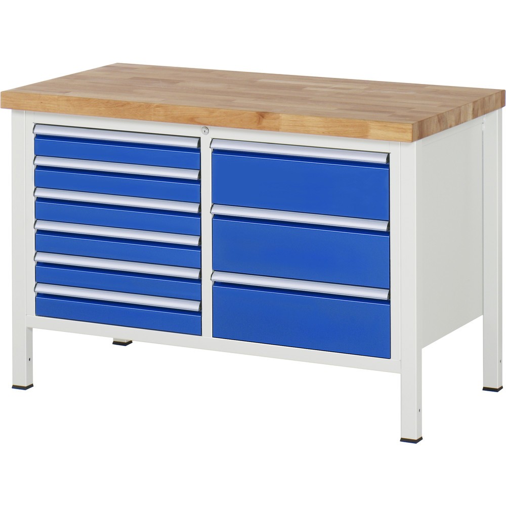 Immagine del prodotto: Banco da lavoro RAU serie 8000, 1 contenitore doppio, AxLxP 840 x 1.250 x 700 mm, 9 cassetti estraibili al 100% 6 x 90, 3 x 180 mm, portata cassetti 100 kg