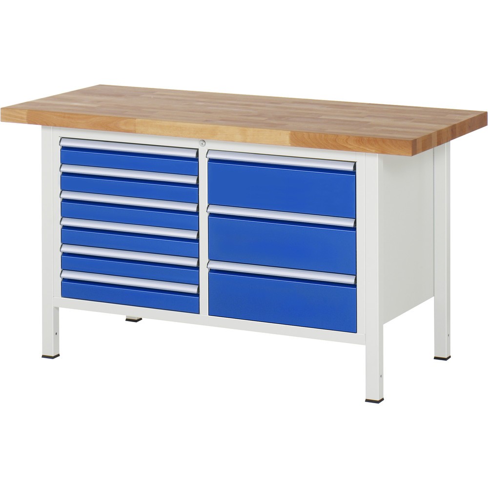Immagine del prodotto n. 1: Banco da lavoro RAU serie 8000, 1 contenitore doppio, AxLxP 840 x 1.500 x 700 mm, 9 cassetti estraibili al 90% 6 x 90, 3 x 180 mm, portata cassetti 100 kg