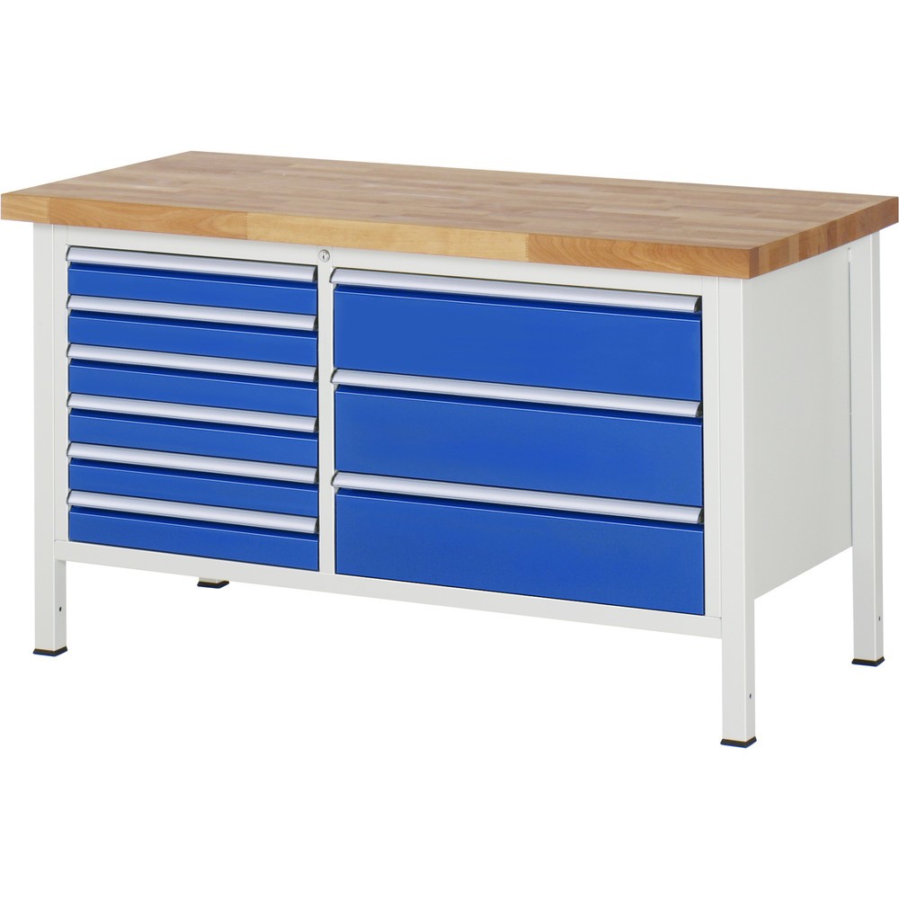Immagine del prodotto: Banco da lavoro RAU serie 8000, 1 contenitore doppio, AxLxP 840-1.040 x 1.500 x 700 mm, 9 cassetti estraibili al 90% 6 x 90, 3 x 180 mm, portata cassetti 75/100 kg
