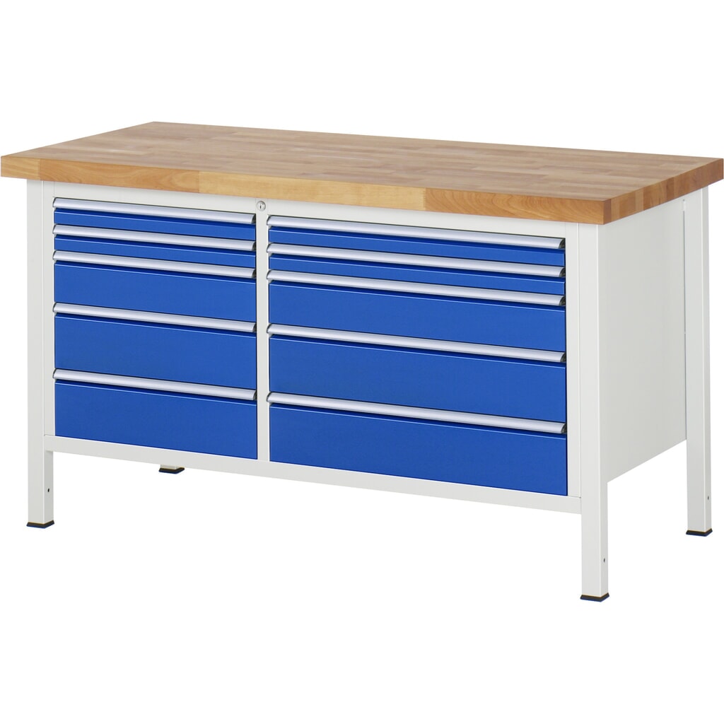 Immagine del prodotto: Banco da lavoro RAU serie 8000, 1 contenitore doppio, AxLxP 840-1.040 x 1.500 x 700 mm, 10 cassetti estraibili al 90%, portata cassetti 75/100 kg