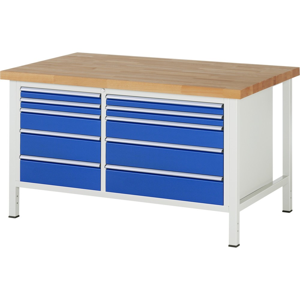 Immagine del prodotto: Banco da lavoro RAU serie 8000, 1 contenitore doppio, AxLxP 840 x 1.500 x 900 mm, 10 cassetti estraibili al 100%, portata cassetti 75/100 kg