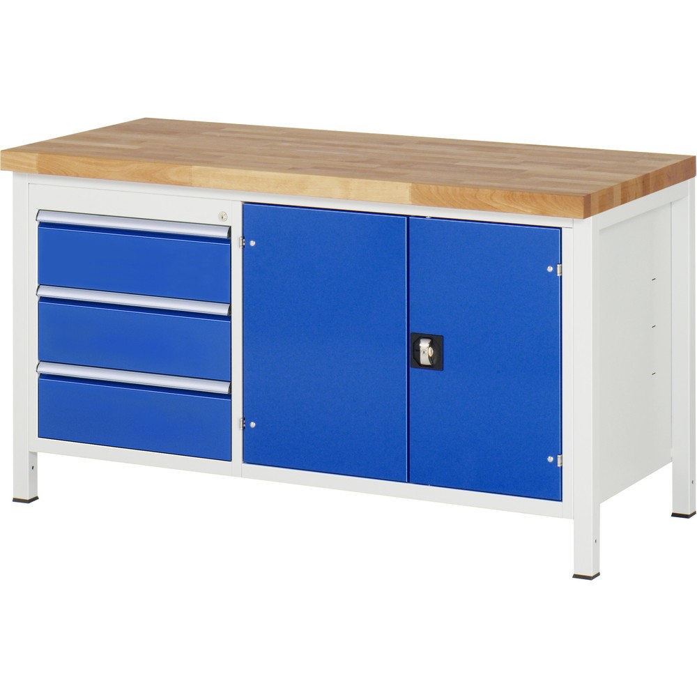 Immagine del prodotto: Banco da lavoro RAU serie 8000, 1 contenitore doppio, 1 piano di appoggio, 1 anta a doppio battente, HxLxP 840 x 1.500 x 700 mm, 3 cassetti estraibili al 90%