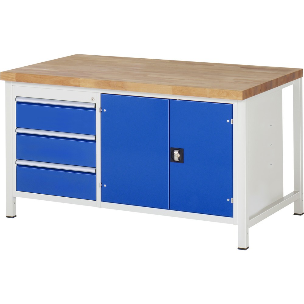 Immagine del prodotto n. 1: Banco da lavoro RAU serie 8000, 1 contenitore doppio, 1 ripiano, 1 anta a doppio battente, AxLxP 840-1.040 x 1.500 x 900 mm, 3 cassetti estraibili al 100%