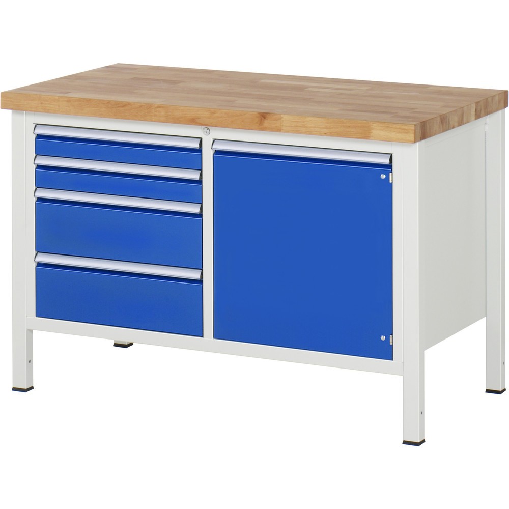 Immagine del prodotto n. 1: Banco da lavoro RAU serie 8000, 1 contenitore doppio, 1 ripiano, 1 anta battente, AxLxP 840-1.040 x 1.250 x 700 mm, 4 cassetti 2 x 90, 2 x 180 mm