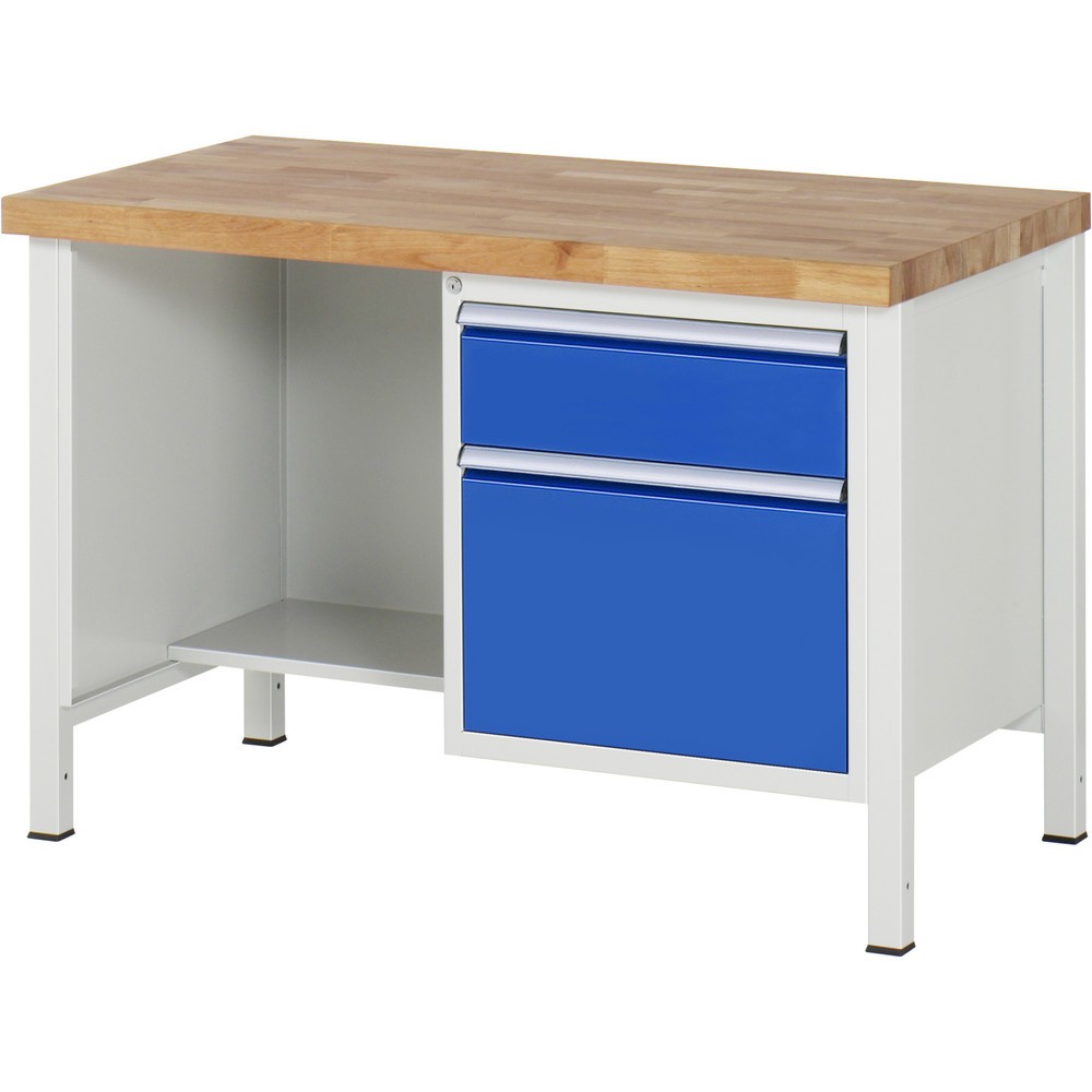 Immagine del prodotto: Banco da lavoro RAU serie 8000, 1 piano di appoggio, AxLxP 840-1.040 x 1.250 x 700 mm, 2 cassetti estraibili al 90%