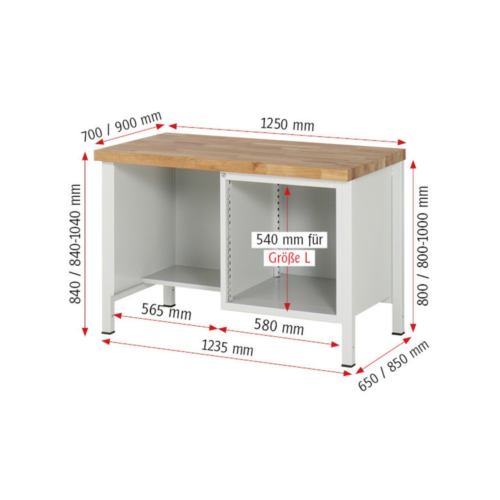 Immagine del prodotto n. 5: Banco da lavoro RAU serie 8000, 1 piano di appoggio, AxLxP 840-1.040 x 1.250 x 900 mm, 4 cassetti estraibili al 100%