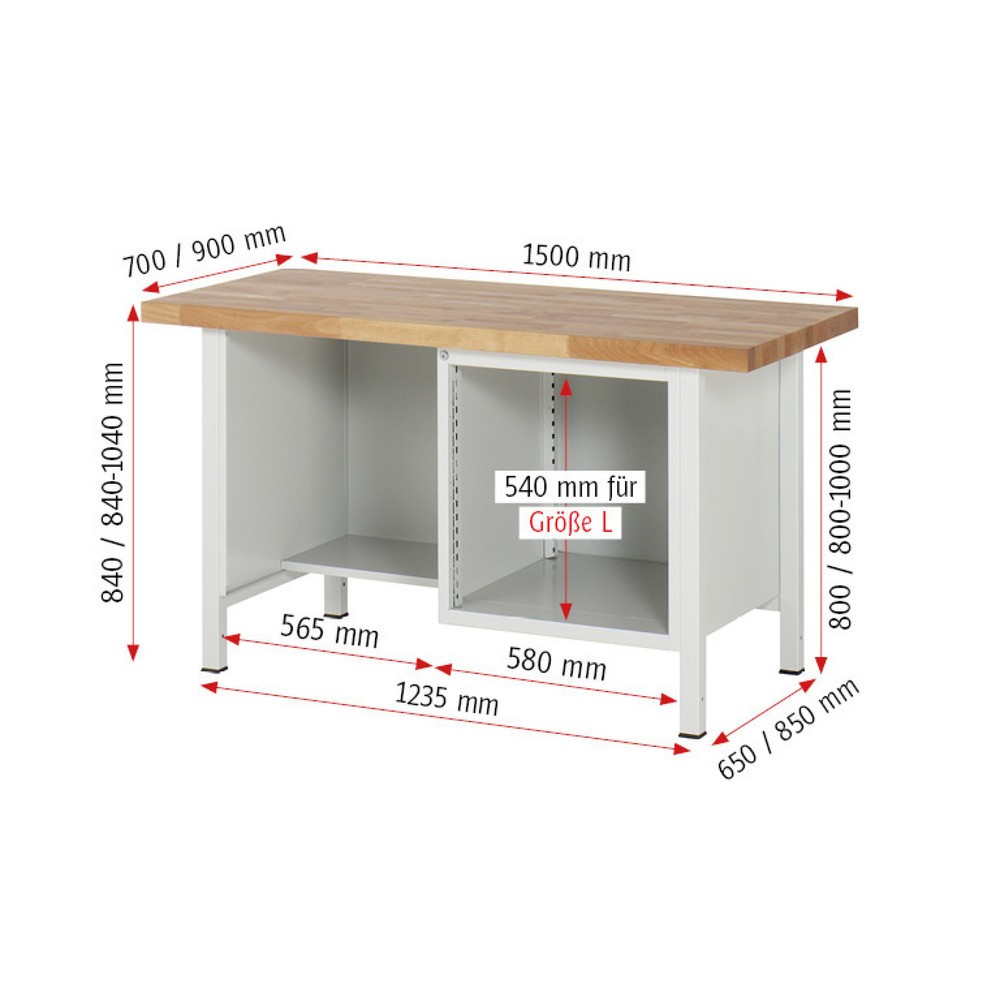 Immagine del prodotto n. 4: Banco da lavoro RAU serie 8000, 1 piano di appoggio, AxLxP 840 x 1.500 x 700 mm, 4 cassetti estraibili al 90%
