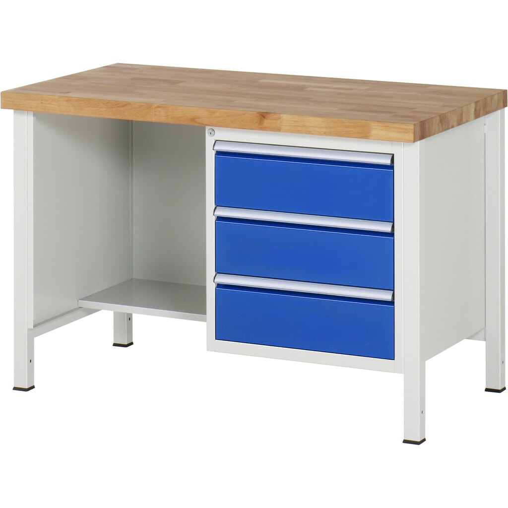 Immagine del prodotto: RAU Banco da lavoro Serie 8000, HxLxP 840-1.040 x 1.250 x 700 mm, 1 contenitore nella base a destra e vano portaoggetti, con 3 cassetti