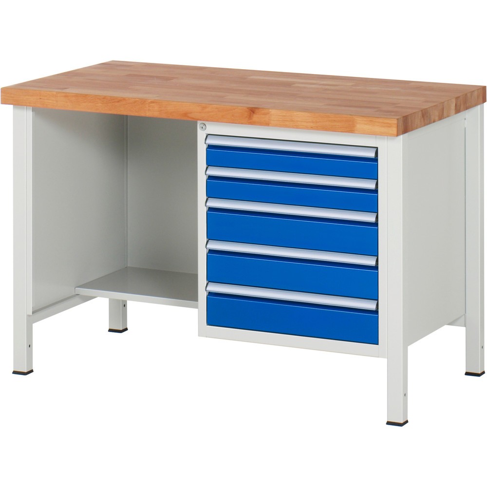 Immagine del prodotto: Banco da lavoro RAU serie 8000, 1 piano di appoggio, AxLxP 840-1.040 x 1.250 x 700 mm, 5 cassetti estraibili al 90%