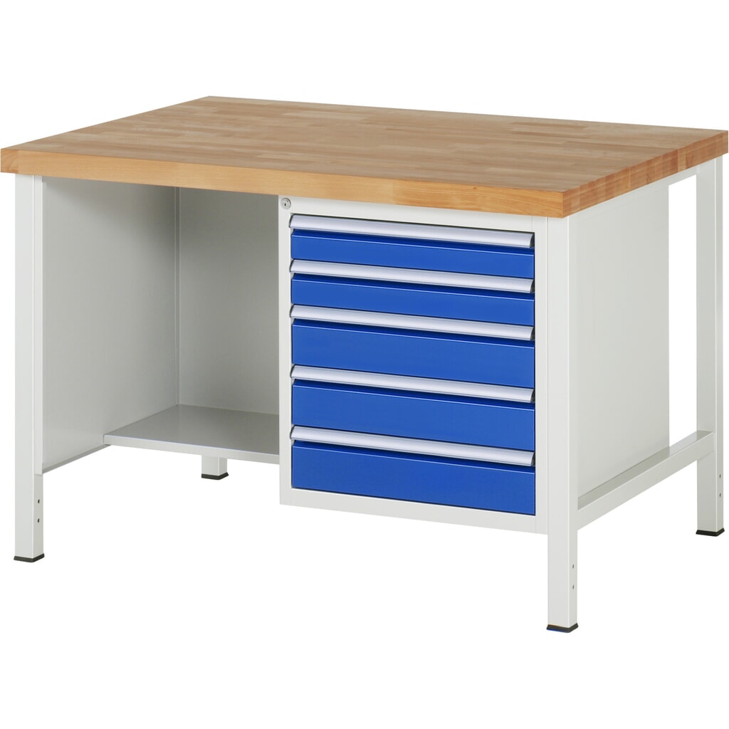 Immagine del prodotto: Banco da lavoro RAU serie 8000, 1 piano di appoggio, AxLxP 840-1.040 x 1.250 x 900 mm, 5 cassetti estraibili al 90%