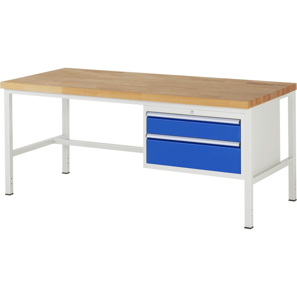 Immagine del prodotto: Banco da lavoro RAU serie 8000, AxLxP 840-1.040 x 2.000 x 900 mm, 2 cassetti estraibili al 90% 1 x 150, 1 x 210 mm, portata cassetti 75 kg