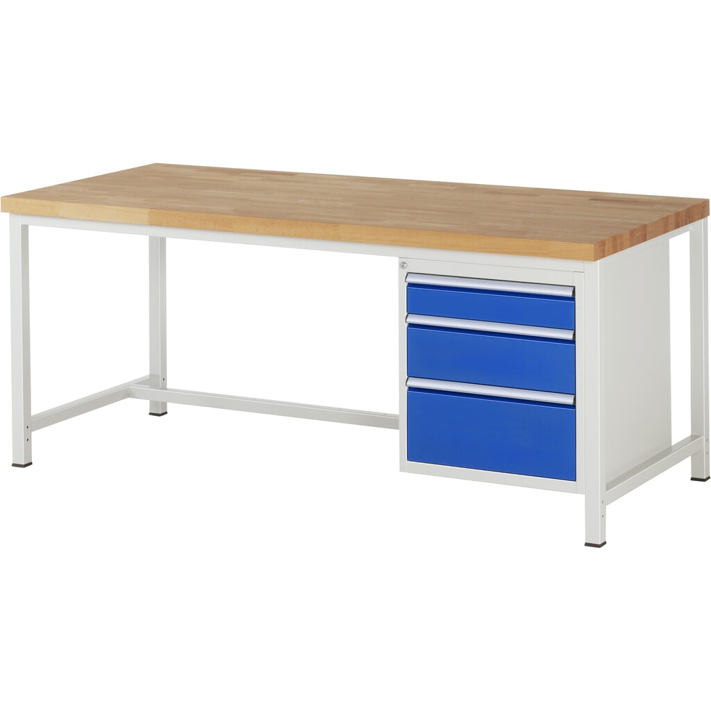 RAU Banco da lavoro Serie 8000, HxLxP 840-1.040 x 2.000 x 900 mm, 1 contenitore nella base a destra, con 3 cassetti Immagine del prodotto: RAU Banco da lavoro Serie 8000, HxLxP 840-1.040 x 2.000 x 900 mm, 1 contenitore nella base a destra, con 3 cassetti