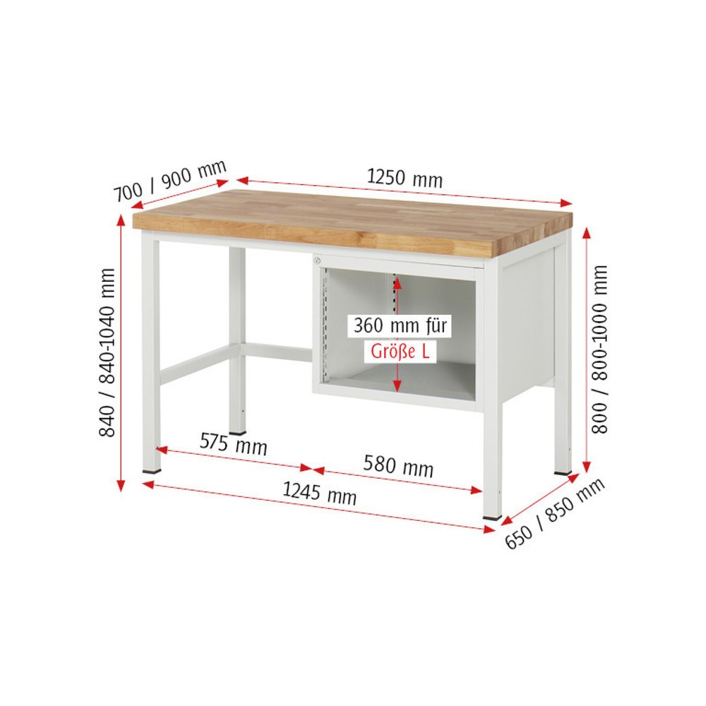 Immagine del prodotto n. 4: Banco da lavoro RAU serie 8000, HxLxP 840-1.040 x 1.250 x 900 mm, 2 cassetti estraibili al 100% 1 x 150, 1 x 210 mm, portata cassetti 100 kg