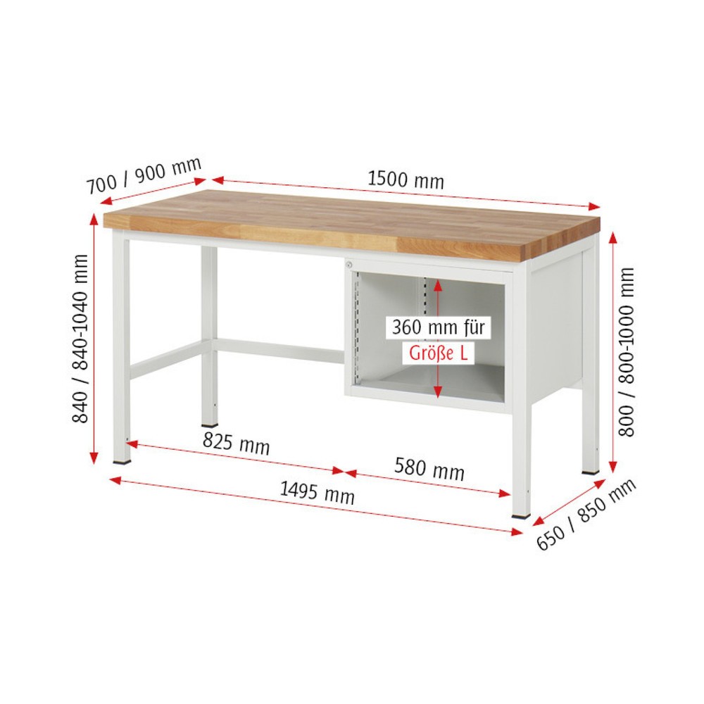 Immagine del prodotto n. 6: Banco da lavoro RAU serie 8000, AxLxP 840-1.040 x 1.500 x 700 mm, 2 cassetti estraibili al 90% 2 x 180 mm, portata cassetti 100 kg