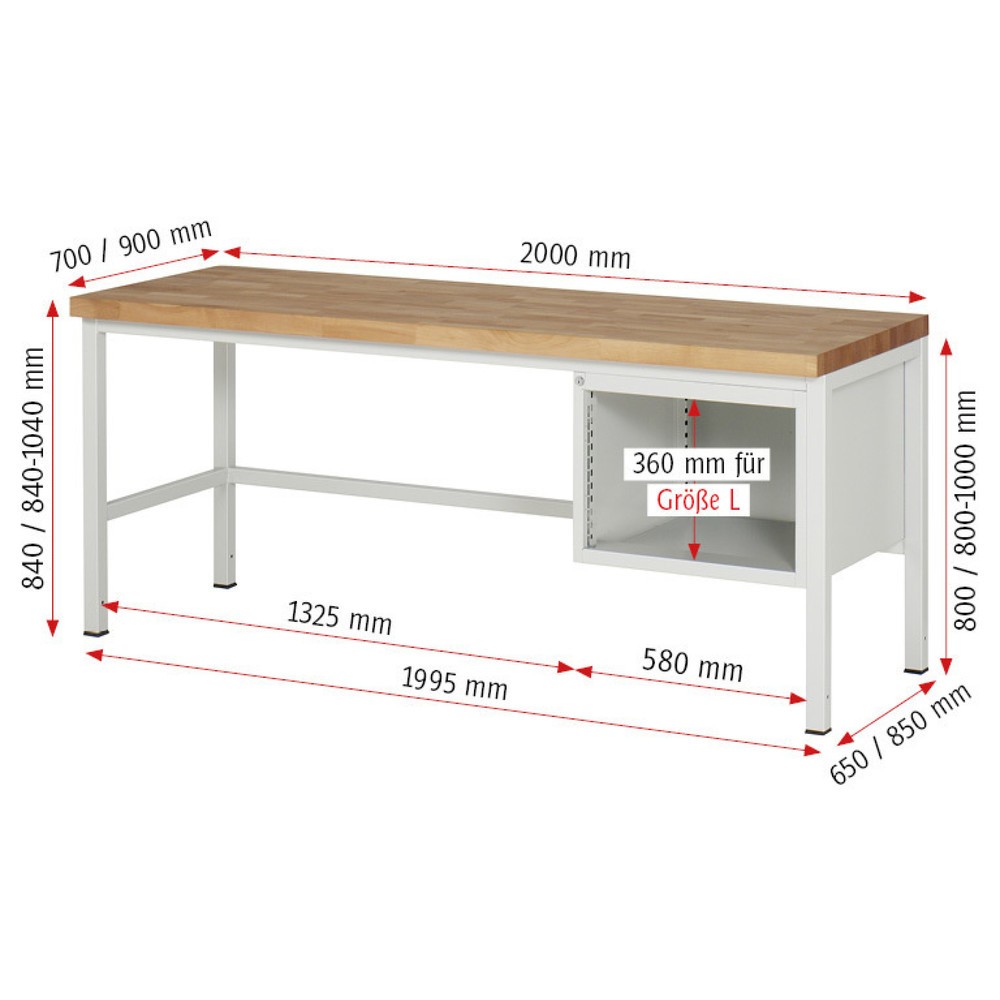 Immagine del prodotto n. 5: Banco da lavoro RAU serie 8000, AxLxP 840-1.040 x 2.000 x 900 mm, 3 cassetti estraibili al 90% 1 x 60, 1 x 120, 1 x 180 mm, portata cassetti 100 kg
