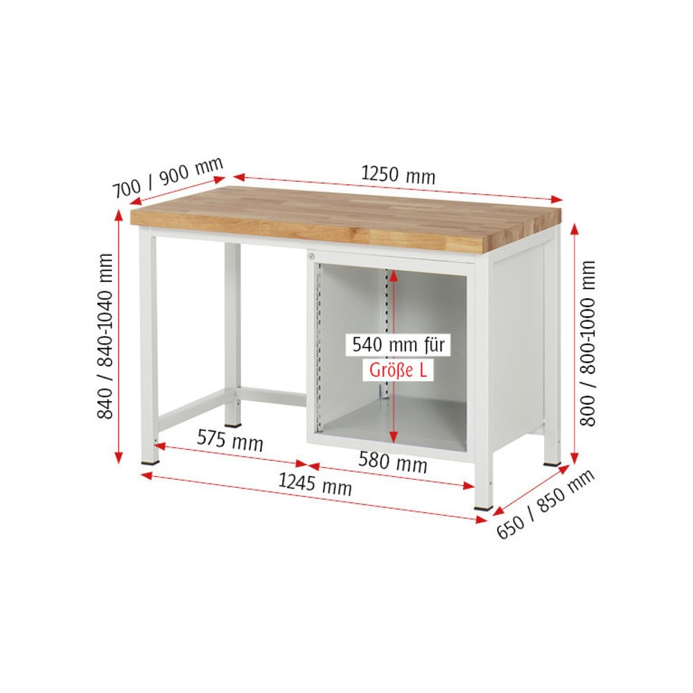 Immagine del prodotto n. 6: Banco da lavoro RAU serie 8000, AxLxP 840-1.040 x 1.250 x 700 mm, 5 cassetti estraibili al 90% 1 x 90, 4 x 180 mm, portata cassetti 100 kg