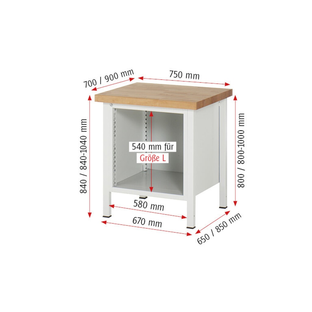 Immagine del prodotto n. 9: Banco da lavoro RAU serie 8000, 1 anta battente, AxLxP 840-1.040 x 750 x 700 mm, 1 cassetto e 1 anta battente