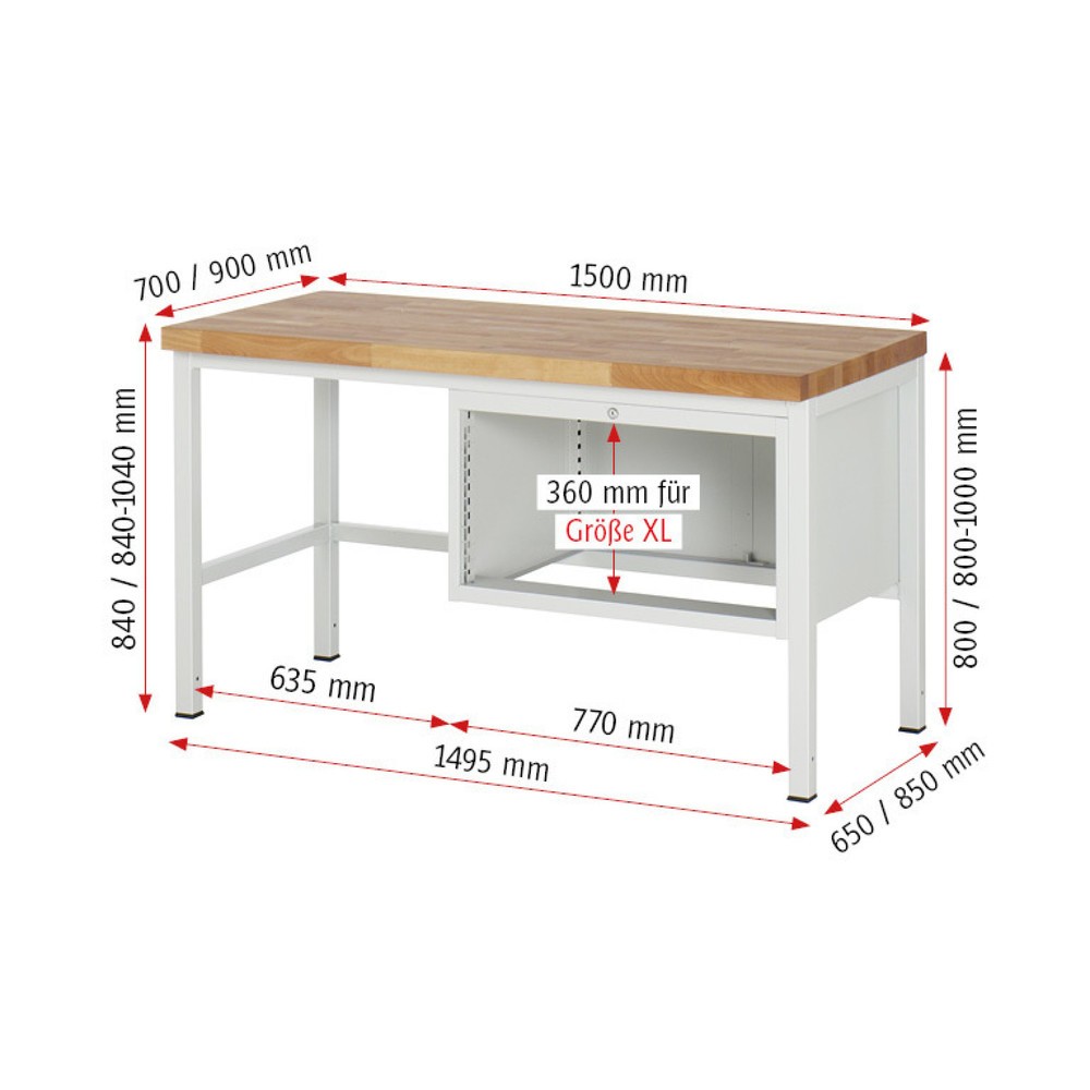 Immagine del prodotto n. 4: Banco da lavoro RAU serie 8000, AxLxP 840-1.040 x 1.500 x 700 mm, 3 cassetti estraibili al 100% 3 x 120 mm, portata cassetti 75 kg