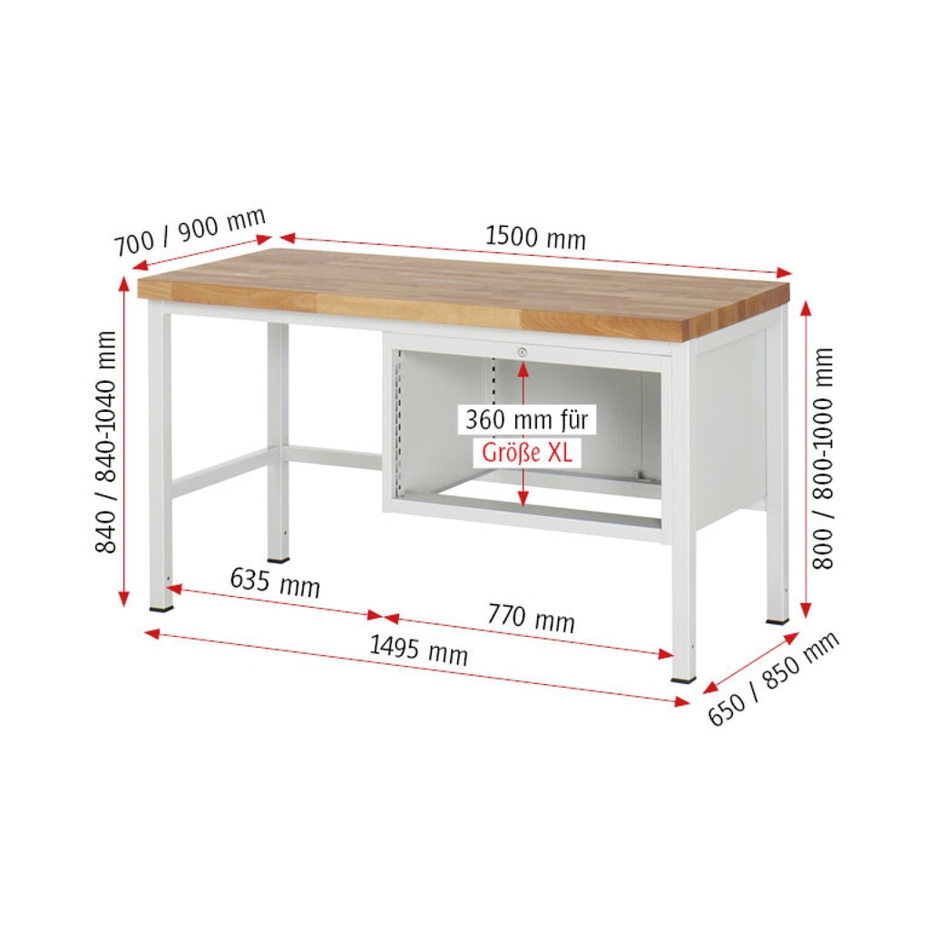 Immagine del prodotto n. 7: Banco da lavoro RAU serie 8000, AxLxP 840-1.040 x 1.500 x 900 mm, 4 cassetti estraibili al 90% 1 x 60, 2 x 90, 1 x 120 mm, portata cassetti 75 kg