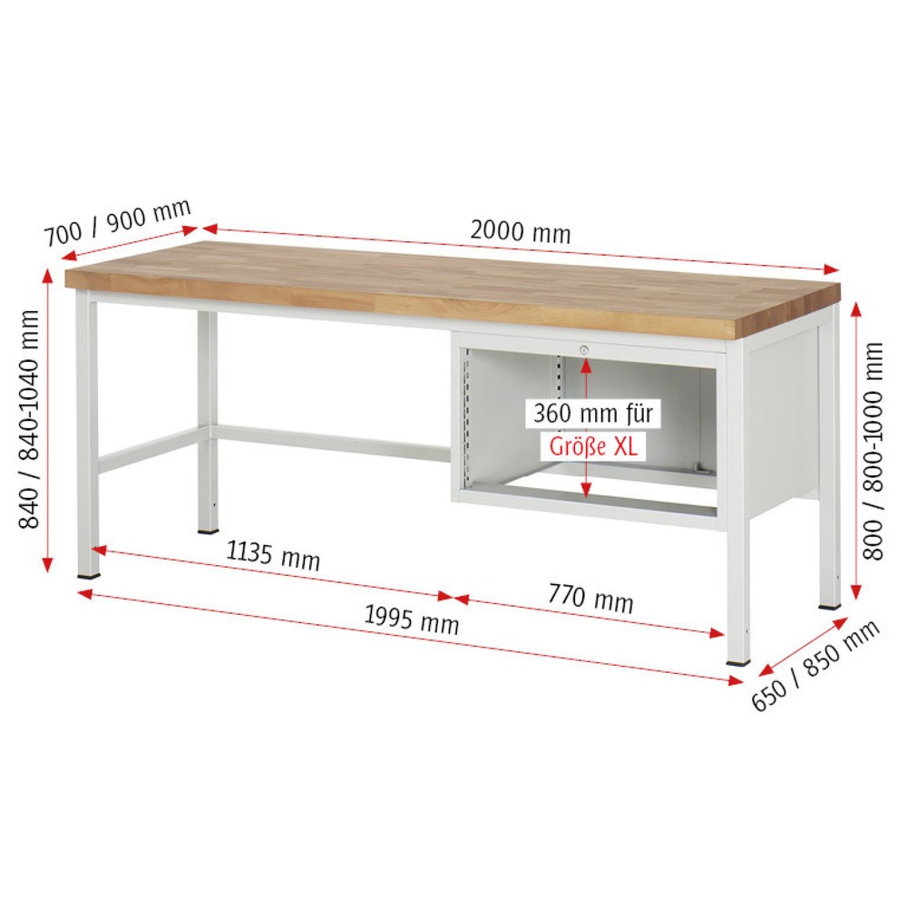 Immagine del prodotto n. 5: Banco da lavoro RAU serie 8000, AxLxP 840-1.040 x 2.000 x 900 mm, 4 cassetti estraibili al 90% 4 x 90 mm, portata cassetti 75 kg