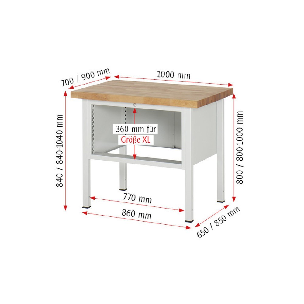 Immagine del prodotto n. 5: Banco da lavoro RAU serie 8000, AxLxP 840-1.040 x 1.000 x 900 mm, 2 cassetti estraibili al 100% 1 x 150, 1 x 210 mm, portata cassetti 75 kg
