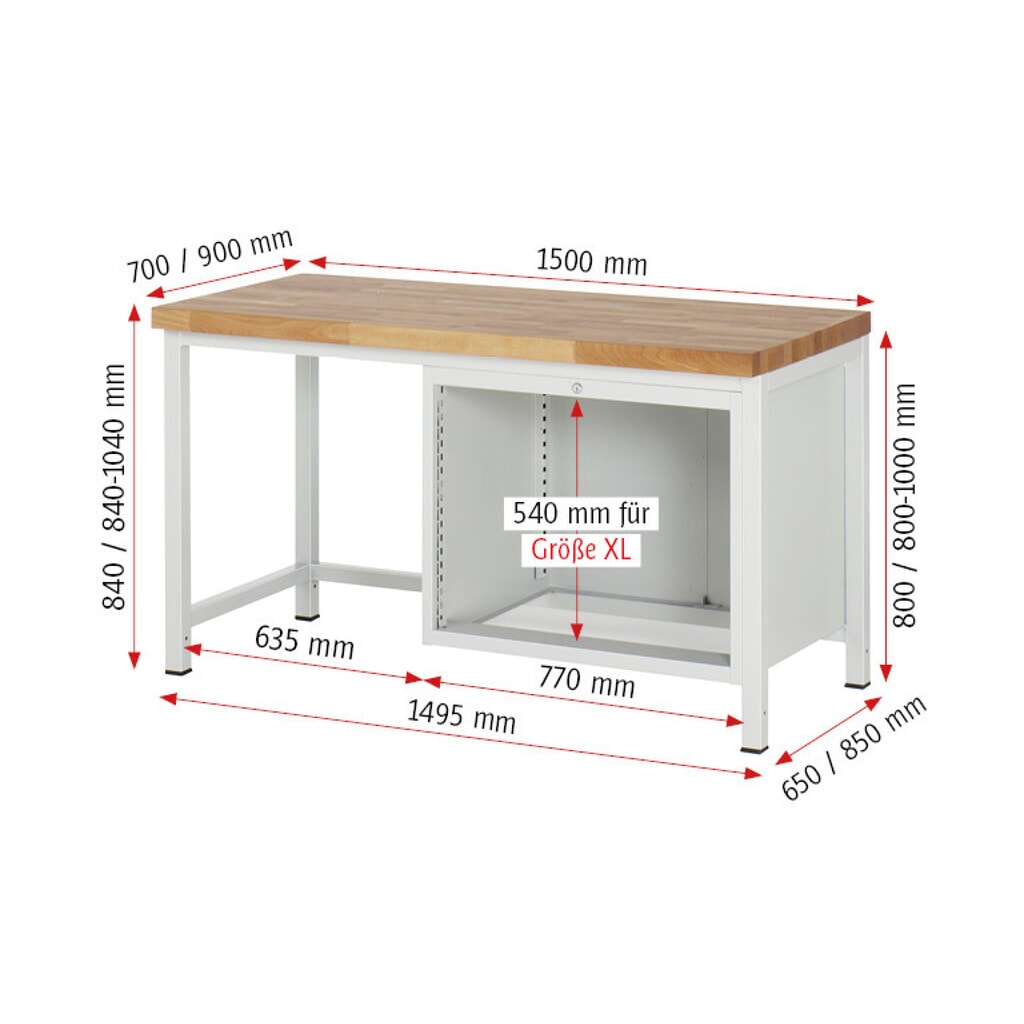 Immagine del prodotto n. 7: Banco da lavoro RAU serie 8000, AxLxP 840-1.040 x 1.500 x 900 mm, 5 cassetti estraibili al 90% 2 x 90, 3 x 120 mm, portata cassetti 75 kg