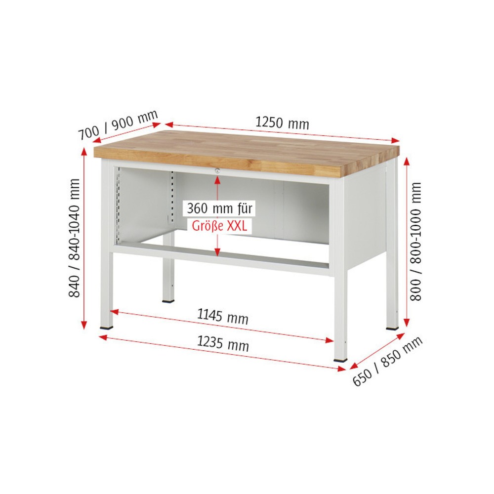 Immagine del prodotto n. 6: Banco da lavoro RAU serie 8000, AxLxP 840-1.040 x 1.250 x 900 mm, 3 cassetti estraibili al 100% 3 x 120 mm, portata cassetti 50 kg