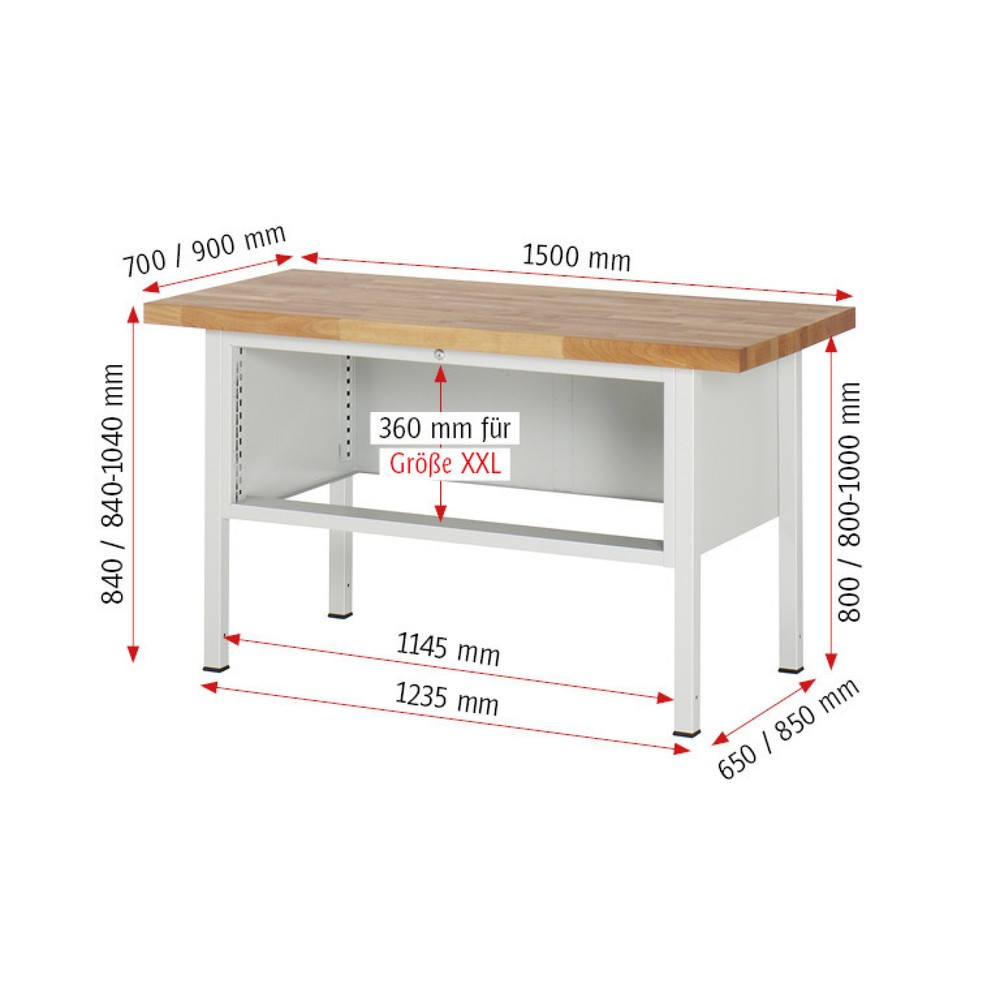 Immagine del prodotto n. 5: Banco da lavoro RAU serie 8000, AxLxP 840-1.040 x 1.500 x 700 mm, 2 cassetti estraibili al 100% 2 x 180 mm, portata cassetti 50 kg