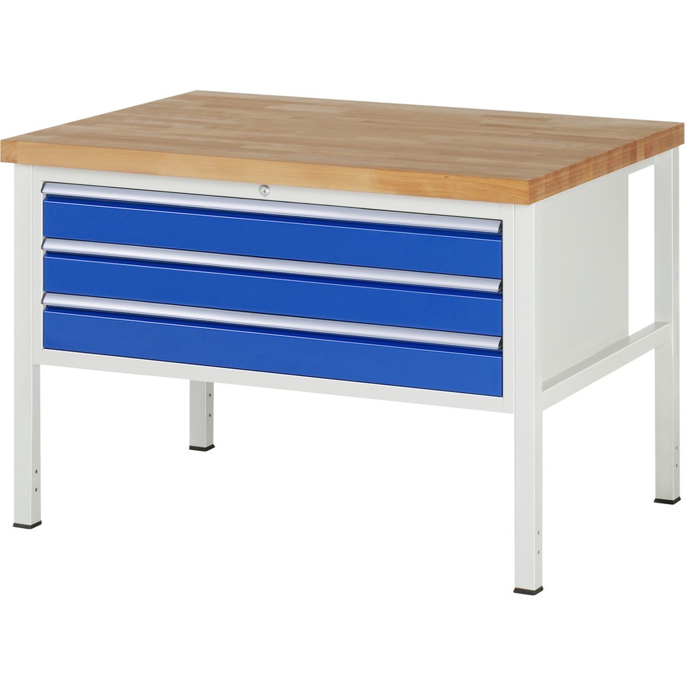 Immagine del prodotto n. 1: Banco da lavoro RAU serie 8000, AxLxP 840-1.040 x 1.250 x 900 mm, 3 cassetti estraibili al 100% 3 x 120 mm, portata cassetti 50 kg