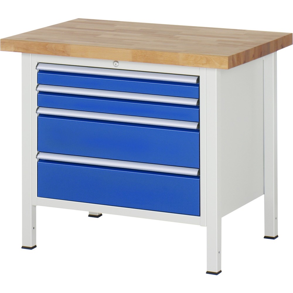 Immagine del prodotto: Banco da lavoro RAU serie 8000, AxLxP 840-1.040 x 1.000 x 700 mm, 4 cassetti estraibili al 90% 2 x 90, 2 x 180 mm, portata cassetti 75 kg