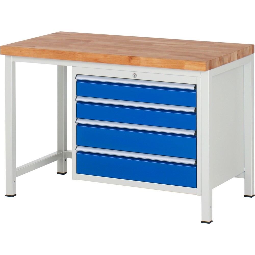 Immagine del prodotto: Banco da lavoro RAU serie 8000, AxLxP 840-1.040 x 1.250 x 700 mm, 4 cassetti estraibili al 90% 2 x 120, 2 x 150 mm, portata cassetti 75 kg
