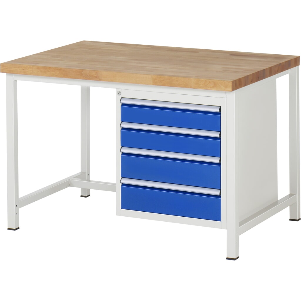 RAU Banco da lavoro Serie 8000, HxLxP 840-1.040 x 1.250 x 900 mm, 1 contenitore nella base a destra, con 4 cassetti Immagine del prodotto: RAU Banco da lavoro Serie 8000, HxLxP 840-1.040 x 1.250 x 900 mm, 1 contenitore nella base a destra, con 4 cassetti