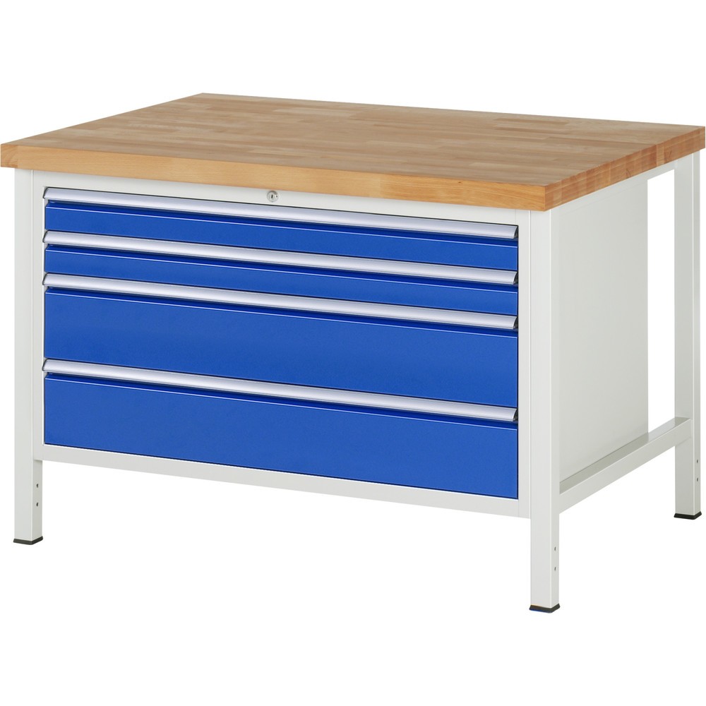 Immagine del prodotto: Banco da lavoro RAU serie 8000, AxLxP 840-1.040 x 1.250 x 900 mm, 4 cassetti estraibili al 90% 2 x 90, 2 x 180 mm, portata cassetti 50 kg