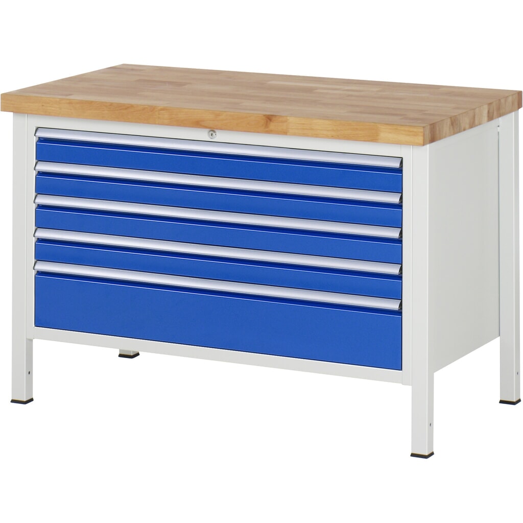 Banco da lavoro RAU serie 8000, AxLxP 840 x 1.250 x 700 mm, 5 cassetti estraibili al 100% 4 x 90, 1 x 180 mm, portata cassetti 50 kg Immagine del prodotto: Banco da lavoro RAU serie 8000, AxLxP 840 x 1.250 x 700 mm, 5 cassetti estraibili al 100% 4 x 90, 1 x 180 mm, portata cassetti 50 kg