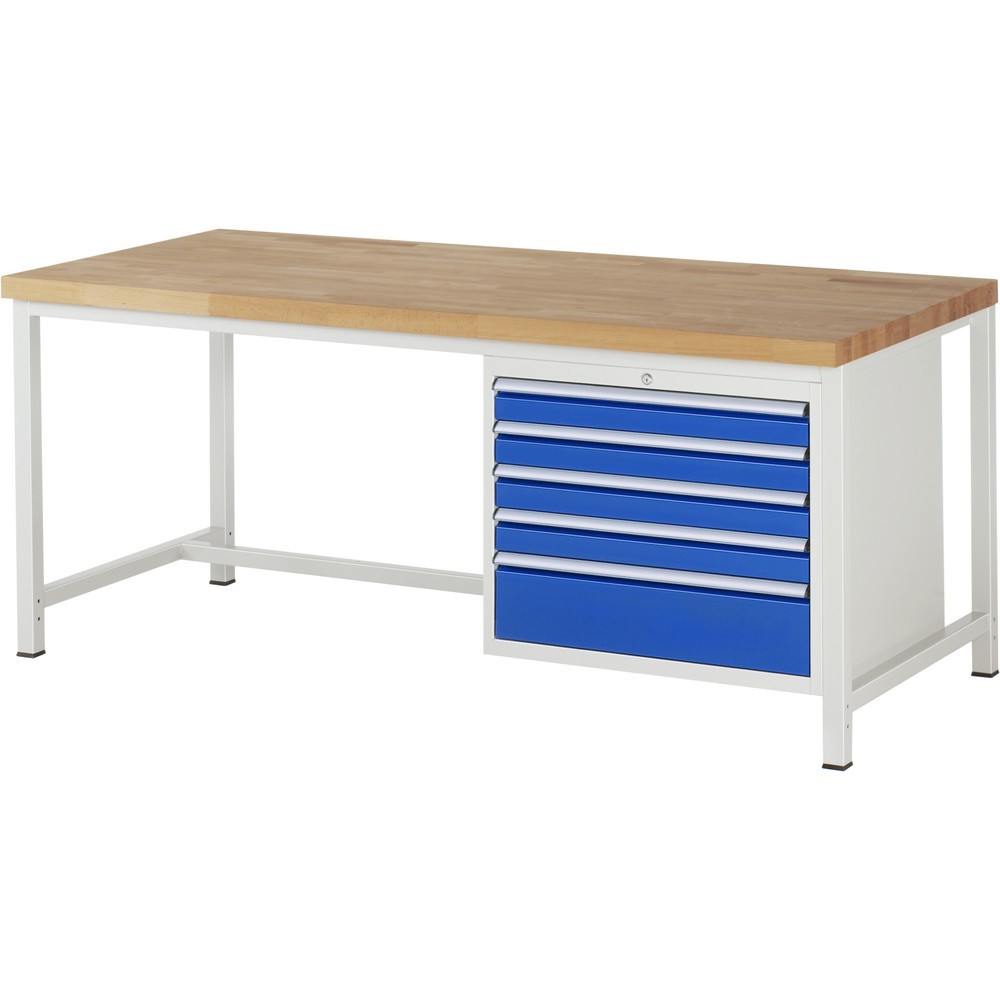 Immagine del prodotto: Banco da lavoro RAU serie 8000, AxLxP 840-1.040 x 2.000 x 900 mm, 5 cassetti estraibili al 100% 4 x 90, 1 x 180 mm, portata cassetti 75 kg