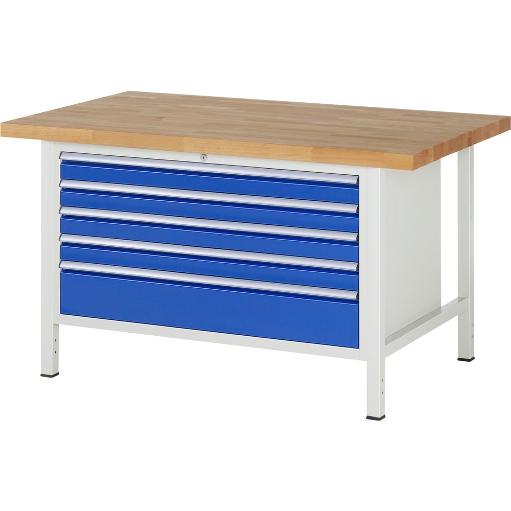 Immagine del prodotto: Banco da lavoro RAU serie 8000, AxLxP 840-1.040 x 1.500 x 900 mm, 5 cassetti estraibili al 90% 4 x 90, 1 x 180 mm, portata cassetti 50 kg