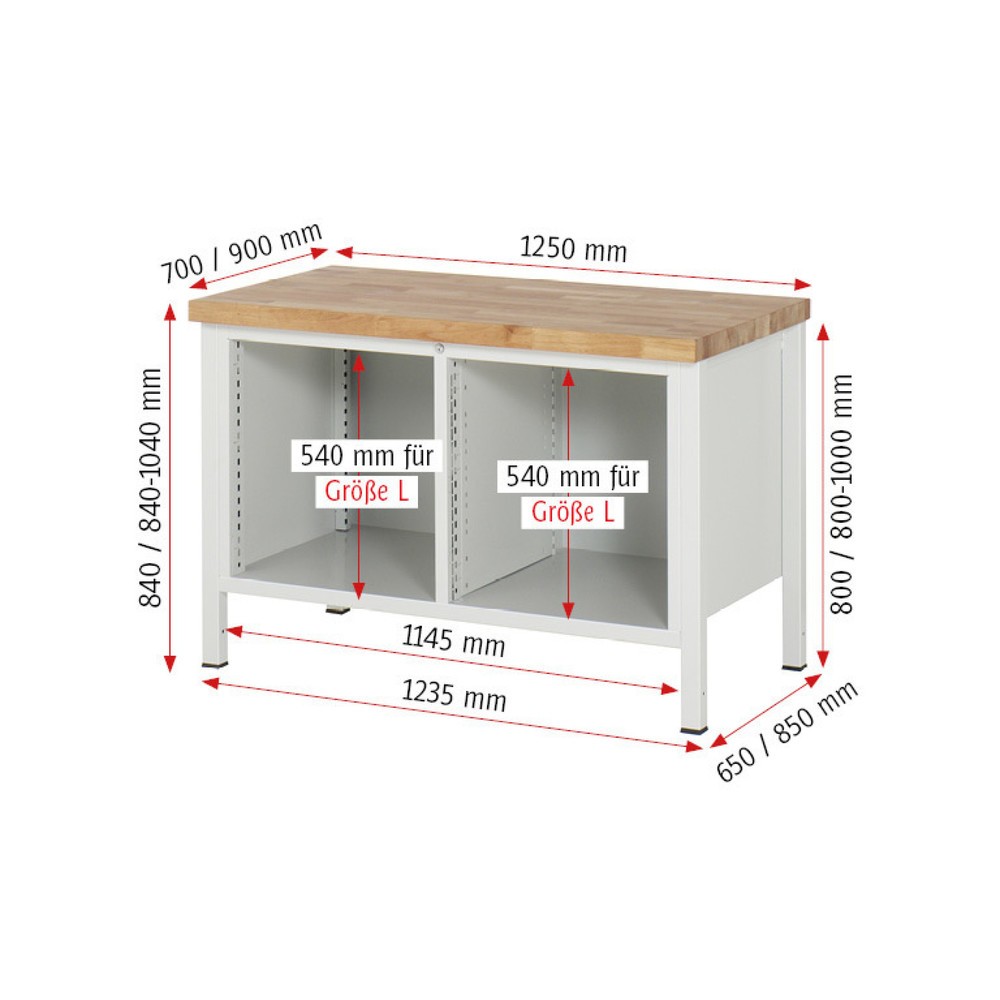 Immagine del prodotto n. 4: Banco da lavoro RAU serie 8000, 1 contenitore doppio, 2 ante battenti, AxLxP 840 x 1.250 x 700 mm
