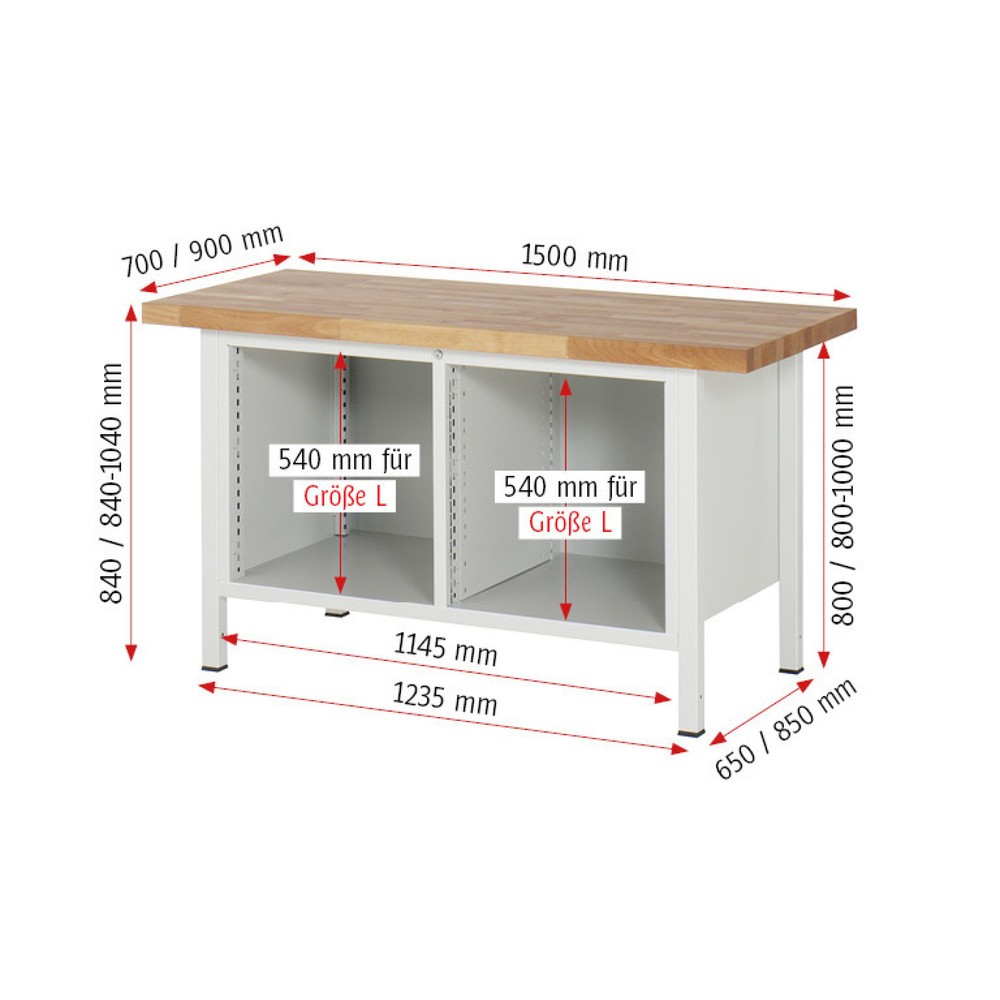 Immagine del prodotto n. 4: Banco da lavoro RAU serie 8000, 1 contenitore doppio, 1 ripiano, 1 anta battente, AxLxP 840 x 1.500 x 700 mm, 3 cassetti estraibili al 100%