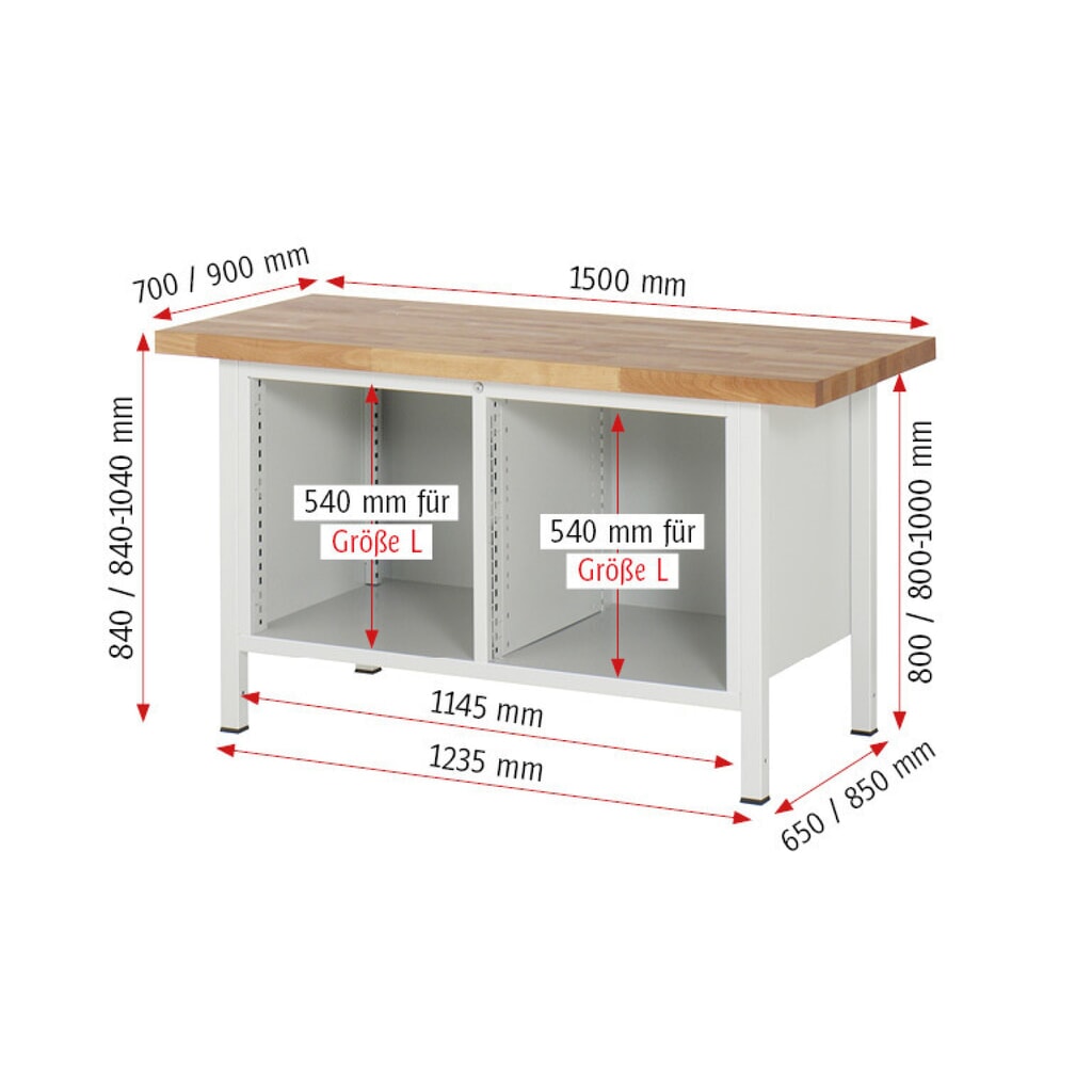 Banco da lavoro RAU serie 8000, 1 contenitore doppio, 2 ante battenti, AxLxP 840-1.040 x 1.500 x 900 mm Immagine del prodotto n. 7: Banco da lavoro RAU serie 8000, 1 contenitore doppio, 2 ante battenti, AxLxP 840-1.040 x 1.500 x 900 mm