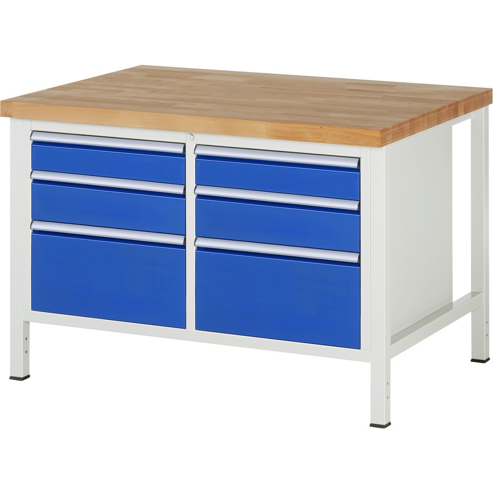Immagine del prodotto: Banco da lavoro RAU serie 8000, 1 contenitore doppio, AxLxP 840-1.040 x 1.250 x 900 mm, 6 cassetti estraibili al 90% 2 x 120, 2 x 150, 2 x 270 mm, portata cassetti 100 kg