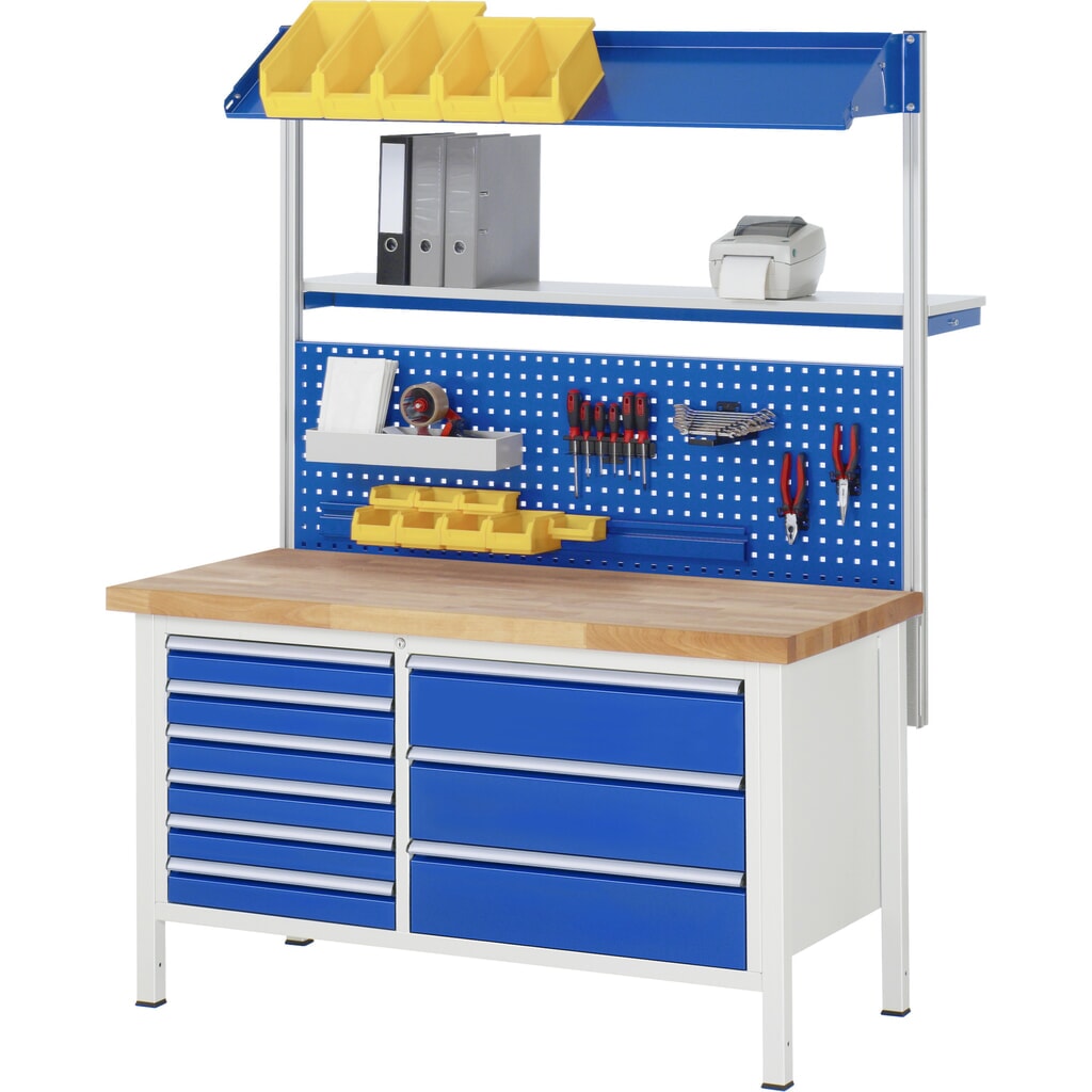 Immagine del prodotto n. 6: Banco da lavoro RAU serie 8000, 1 contenitore doppio, 1 piano di appoggio, 1 anta battente, AxLxP 840 x 1.500 x 900 mm, 2 cassetti estraibili al 90% 1 x 180, 1 x 360 mm, portata cassetti 75 kg
