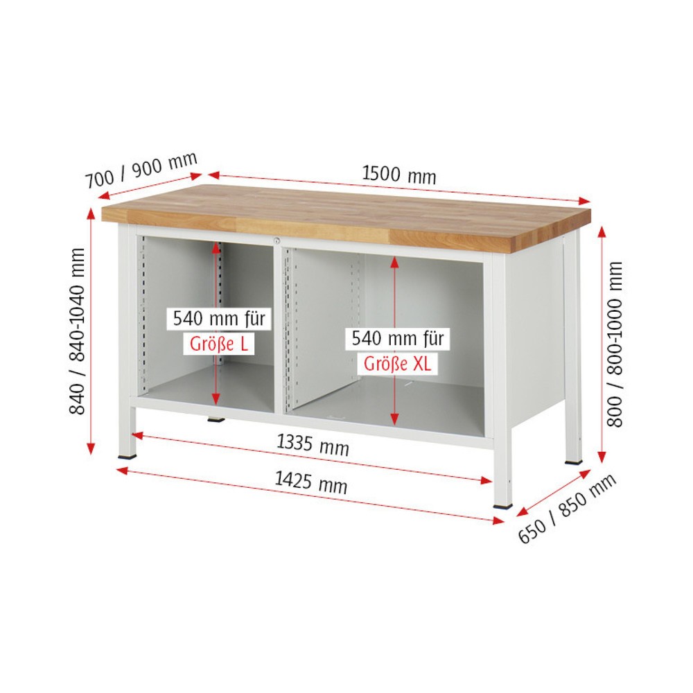 Immagine del prodotto n. 7: Banco da lavoro RAU serie 8000, 1 contenitore doppio, 1 piano di appoggio, 1 anta battente, AxLxP 840-1.040 x 1.500 x 700 mm, 2 cassetti estraibili al 90% 1 x 180, 1 x 360 mm