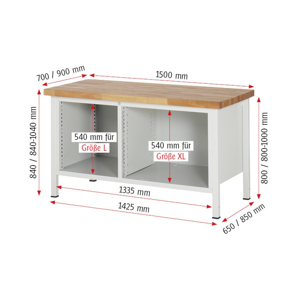 Immagine del prodotto n. 7: Banco da lavoro RAU serie 8000, 1 contenitore doppio, 1 piano di appoggio, 1 anta battente, AxLxP 840 x 1.500 x 900 mm, 2 cassetti estraibili al 90% 1 x 180, 1 x 360 mm, portata cassetti 75 kg