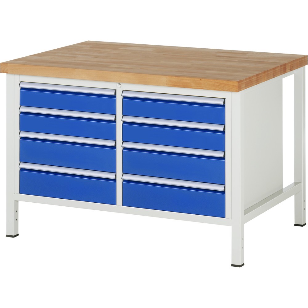 Immagine del prodotto: RAU Banco da lavoro Serie 8000, HxLxP 840-1.040 x 1.250 x 900 mm, 1 contenitore doppio nella base, ciascuno con 8 cassetti