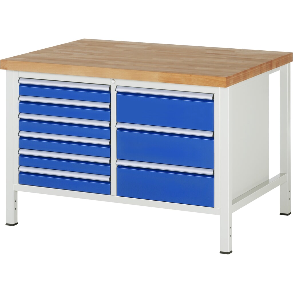 Banco da lavoro RAU serie 8000, 1 contenitore doppio, AxLxP 840 x 1.250 x 900 mm, 9 cassetti estraibili al 90% 6 x 90, 3 x 180 mm, portata cassetti 100 kg Immagine del prodotto: Banco da lavoro RAU serie 8000, 1 contenitore doppio, AxLxP 840 x 1.250 x 900 mm, 9 cassetti estraibili al 90% 6 x 90, 3 x 180 mm, portata cassetti 100 kg